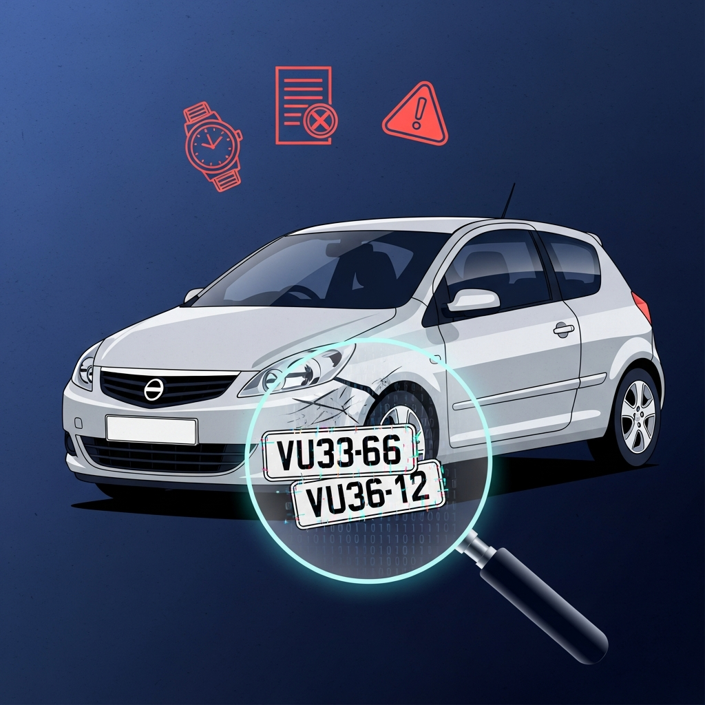Damaged silver car with two mismatched number plates layered on top of each other under a magnifying glass, illustrating AI-manipulated insurance evidence