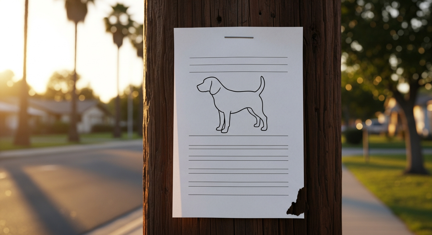 A weathered hand-stapled lost-dog flyer on a wooden telephone pole at golden-hour suburban dusk