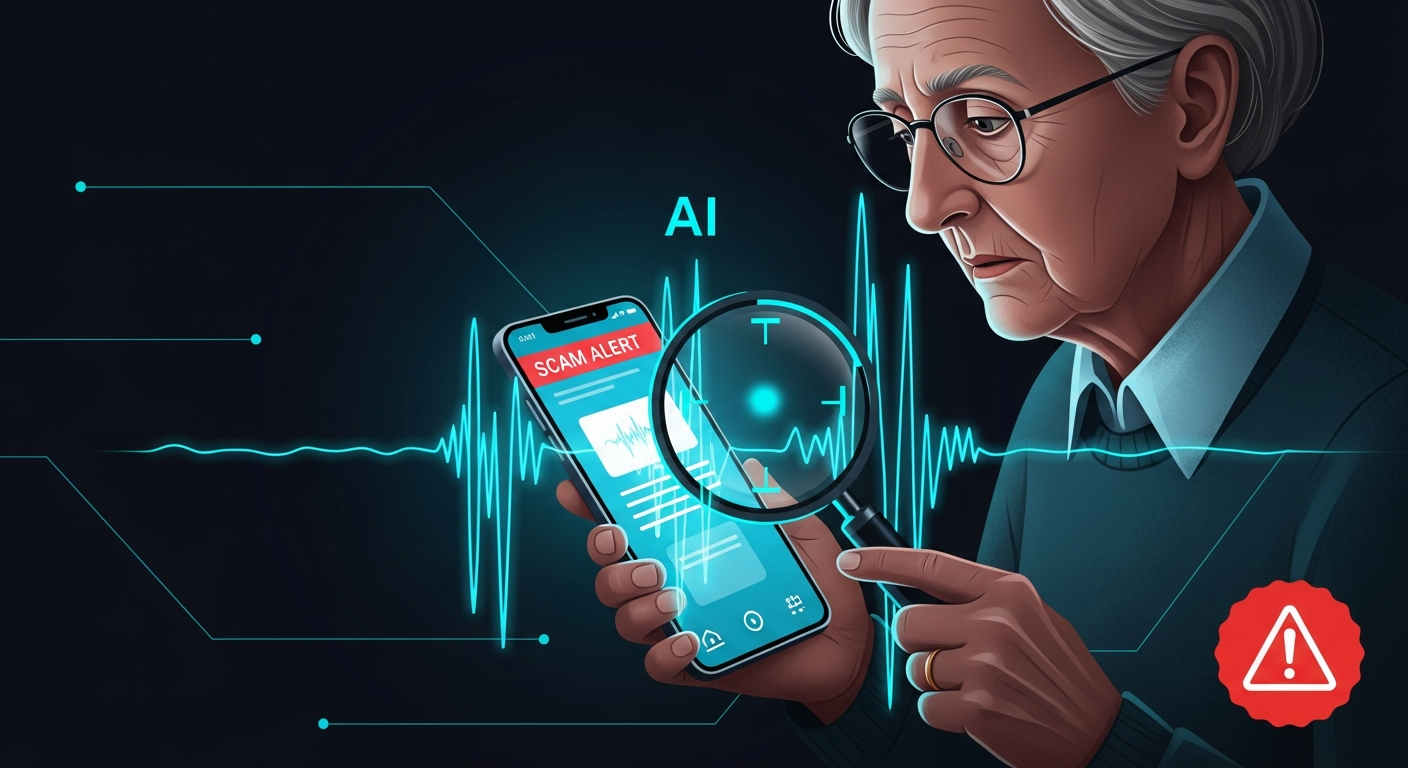 An older person looking at a smartphone with a worried expression next to a fraud alert notification, illustrating AI-powered scam targeting