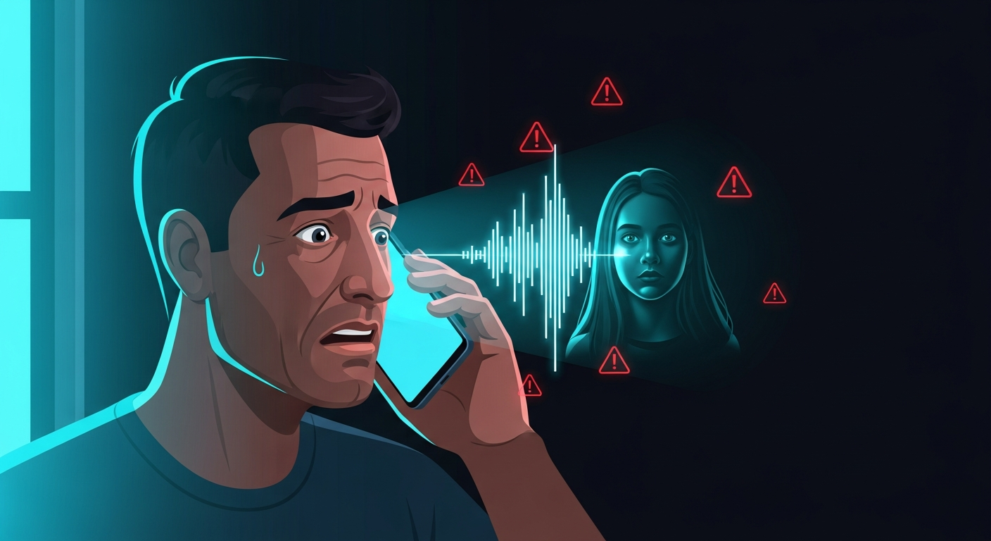 A father holding a smartphone with an audio waveform visualizing a phone call, illustrating an AI voice cloning kidnapping scam