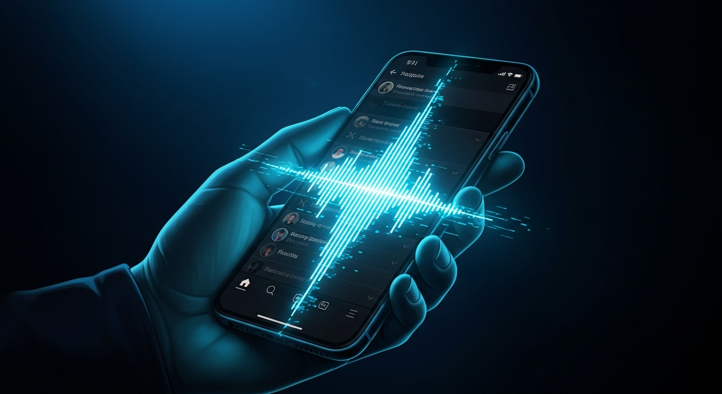 A smartphone held in a hand showing a social media feed with a cyan-glowing audio waveform overlaid across the screen, suggesting AI voice cloning