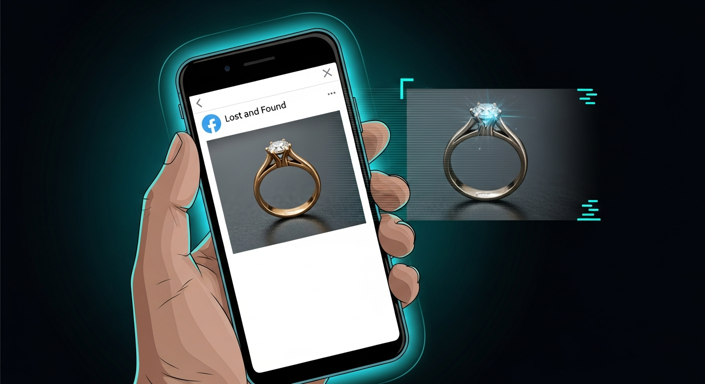 A hand holding a smartphone showing a social media lost-and-found post with a wedding ring photo, with a faint duplicate image floating beside it suggesting an AI-fabricated copy