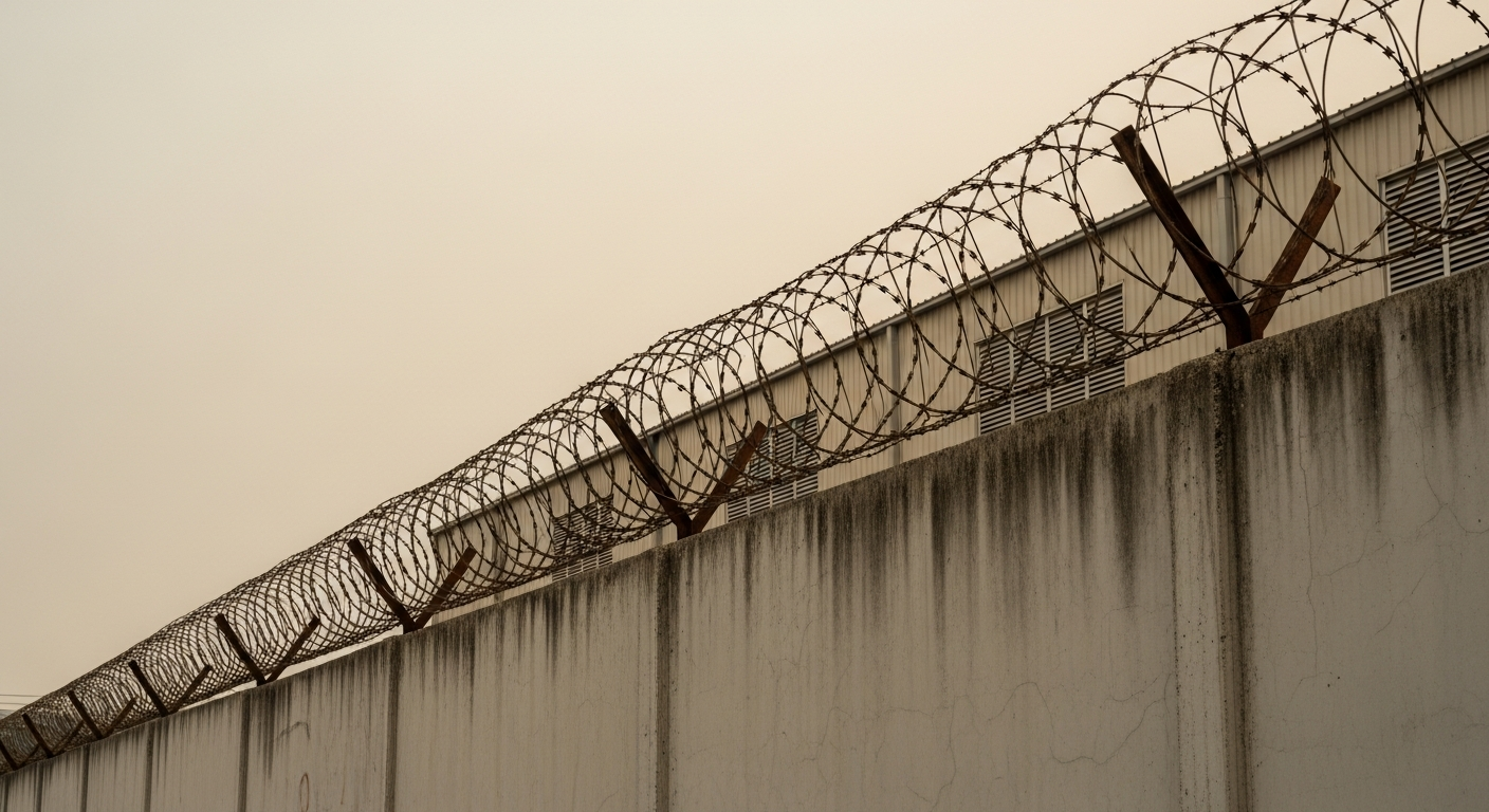 A tall concrete perimeter wall topped with razor wire against a hazy tropical sky, evoking a scam compound