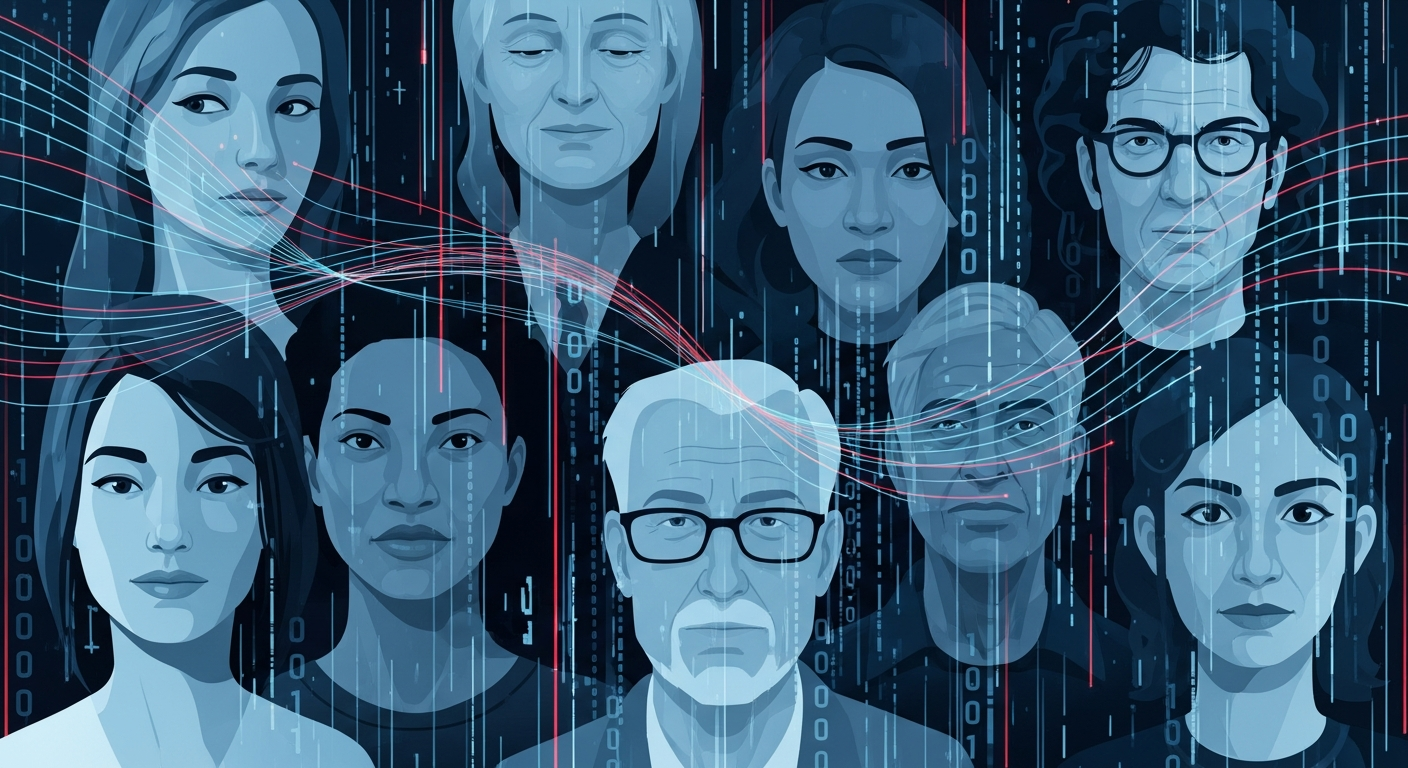 Abstract visualization of overlapping human faces dissolving into data streams, representing synthetic identity fraud