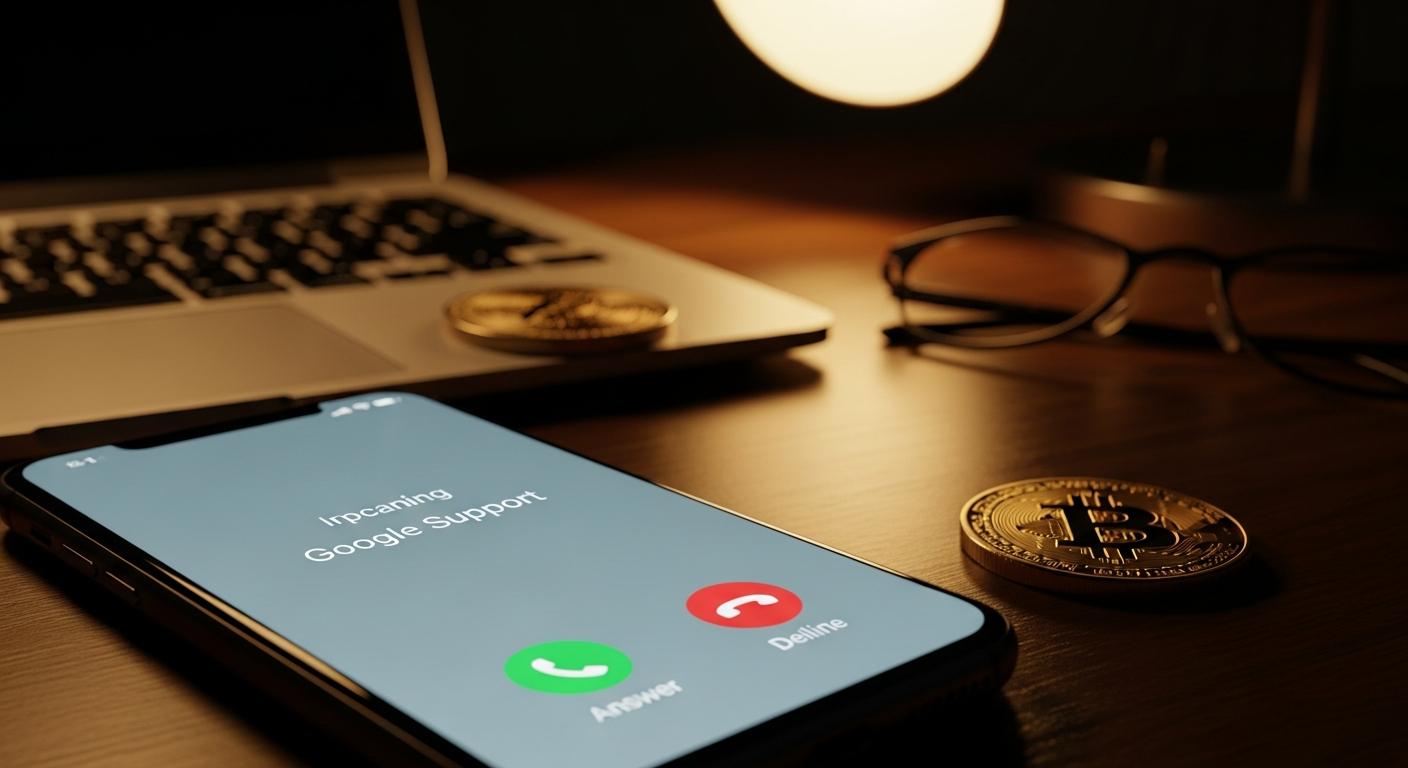 A smartphone on a desk showing an incoming call labeled Google Support, lit by a single warm desk lamp