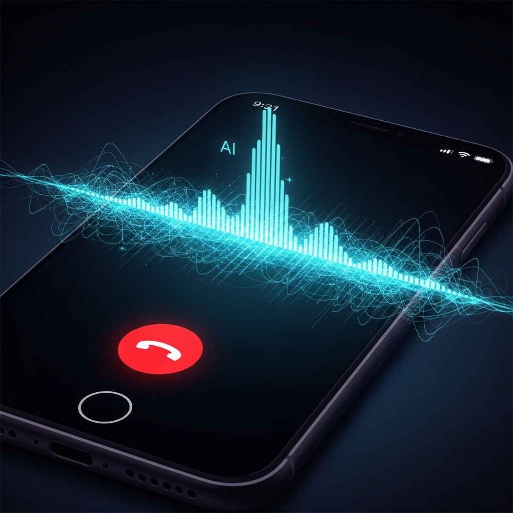 An audio waveform overlaid on a smartphone screen with an unknown caller alert, illustrating AI voice cloning scams
