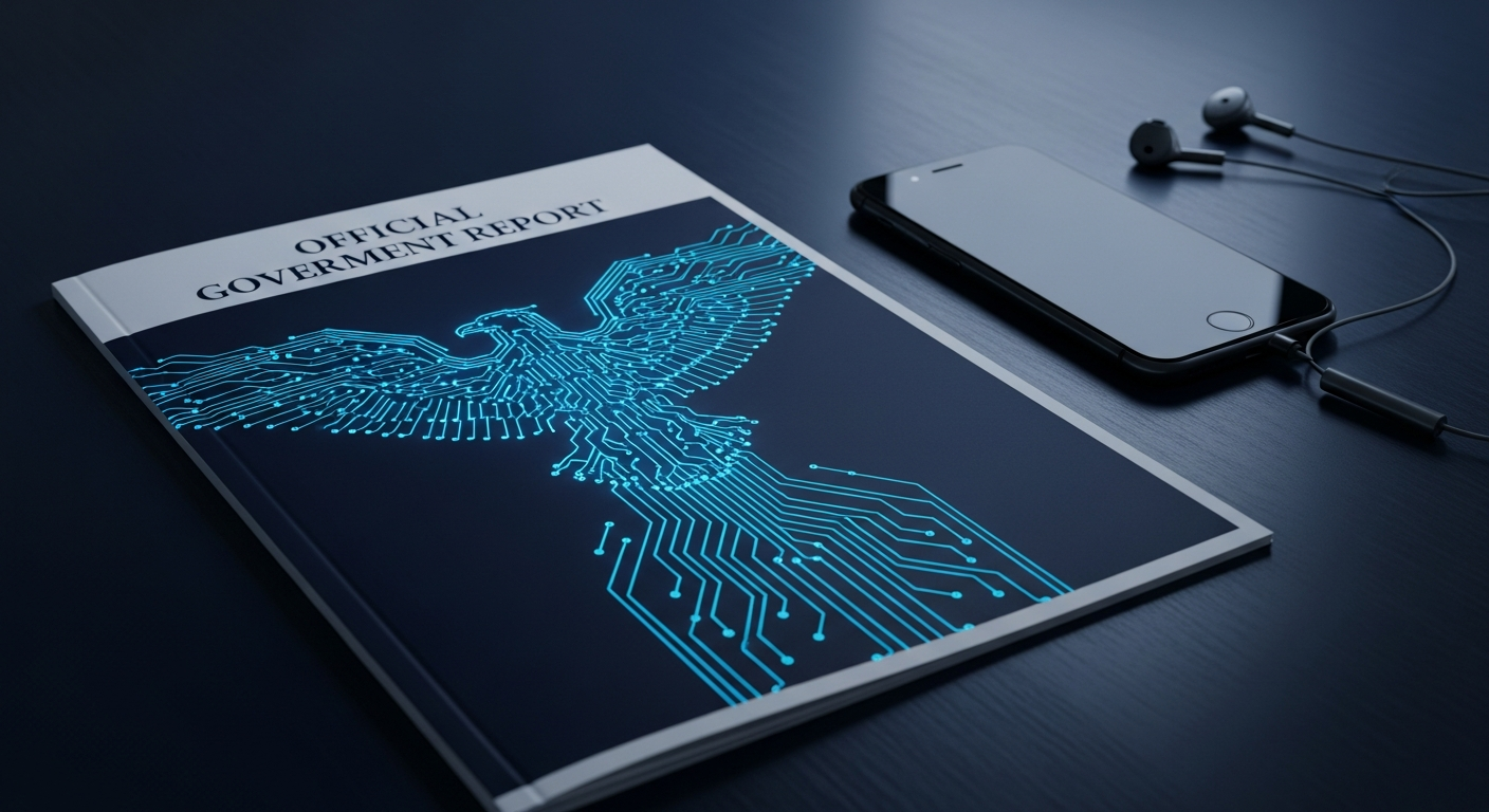 An official-looking government report on a dark navy desk, illuminated by an electric blue circuit-board pattern representing AI-enabled fraud