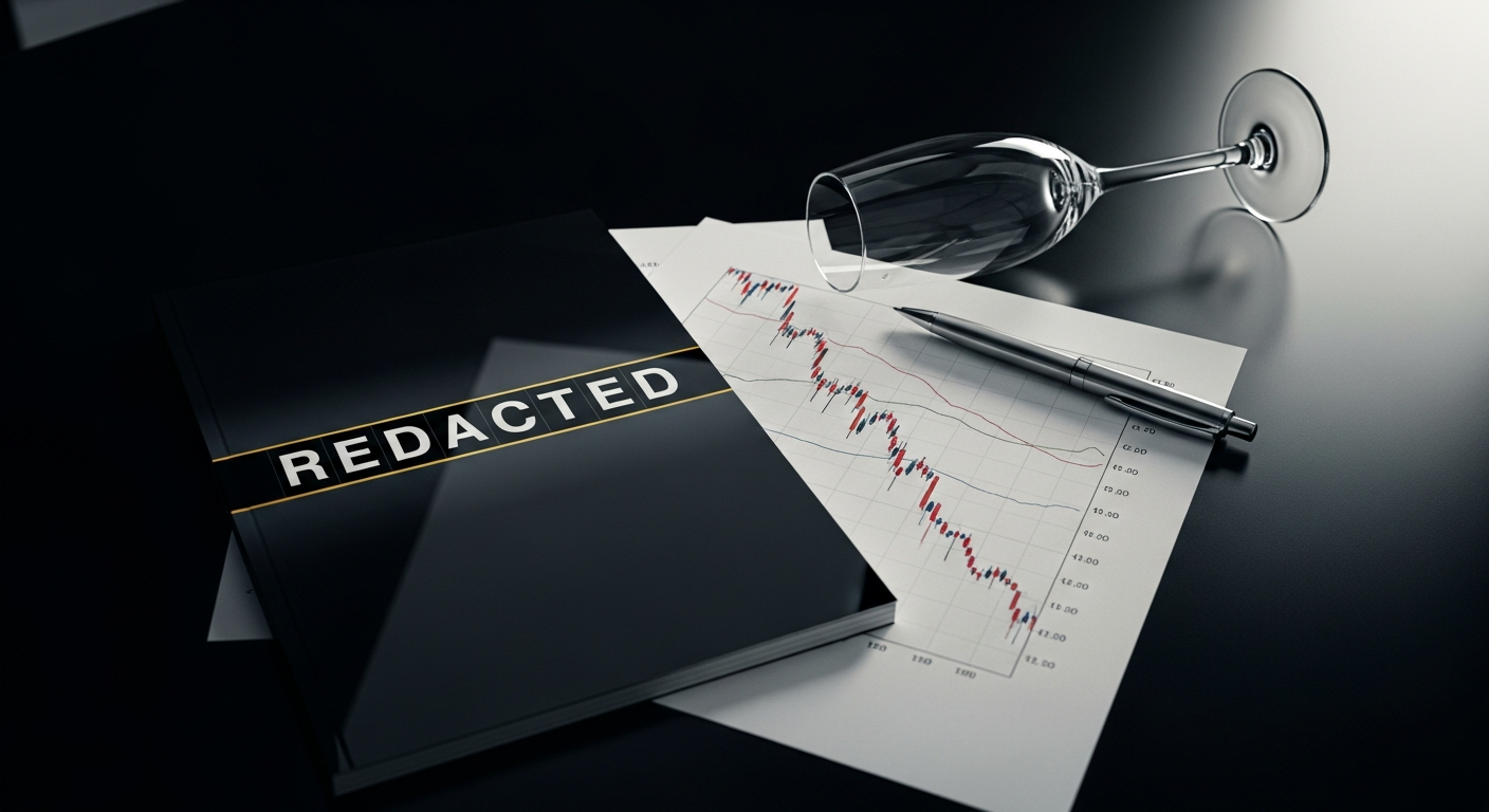 An investor pitch deck and a downward stock chart on a dark conference table beside a shattered champagne flute