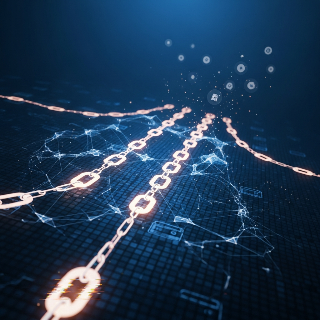 A stylized blockchain ledger with AI-generated digital distortion overlaid, suggesting cryptocurrency moving through multiple wallets