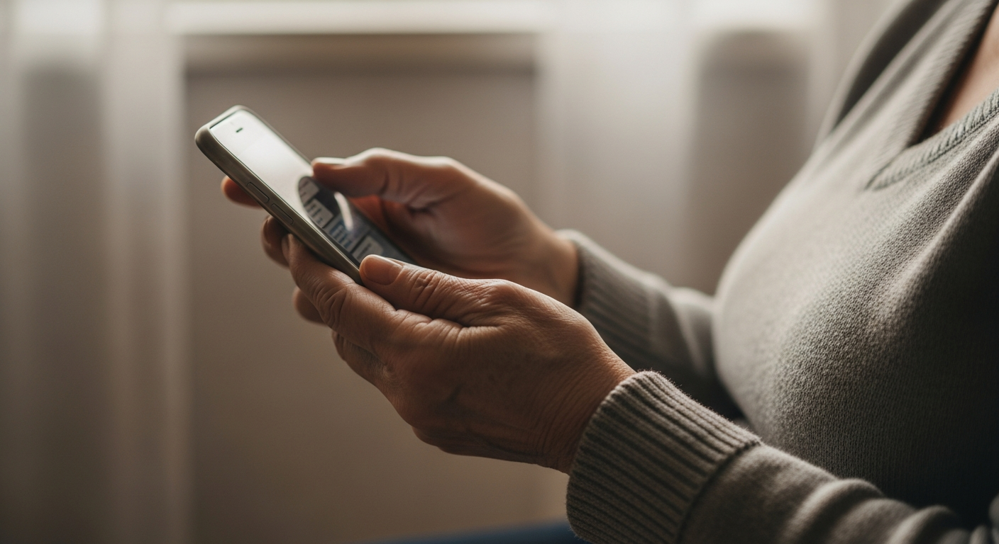 An older woman's hands holding a smartphone in soft window light, generic stock imagery
