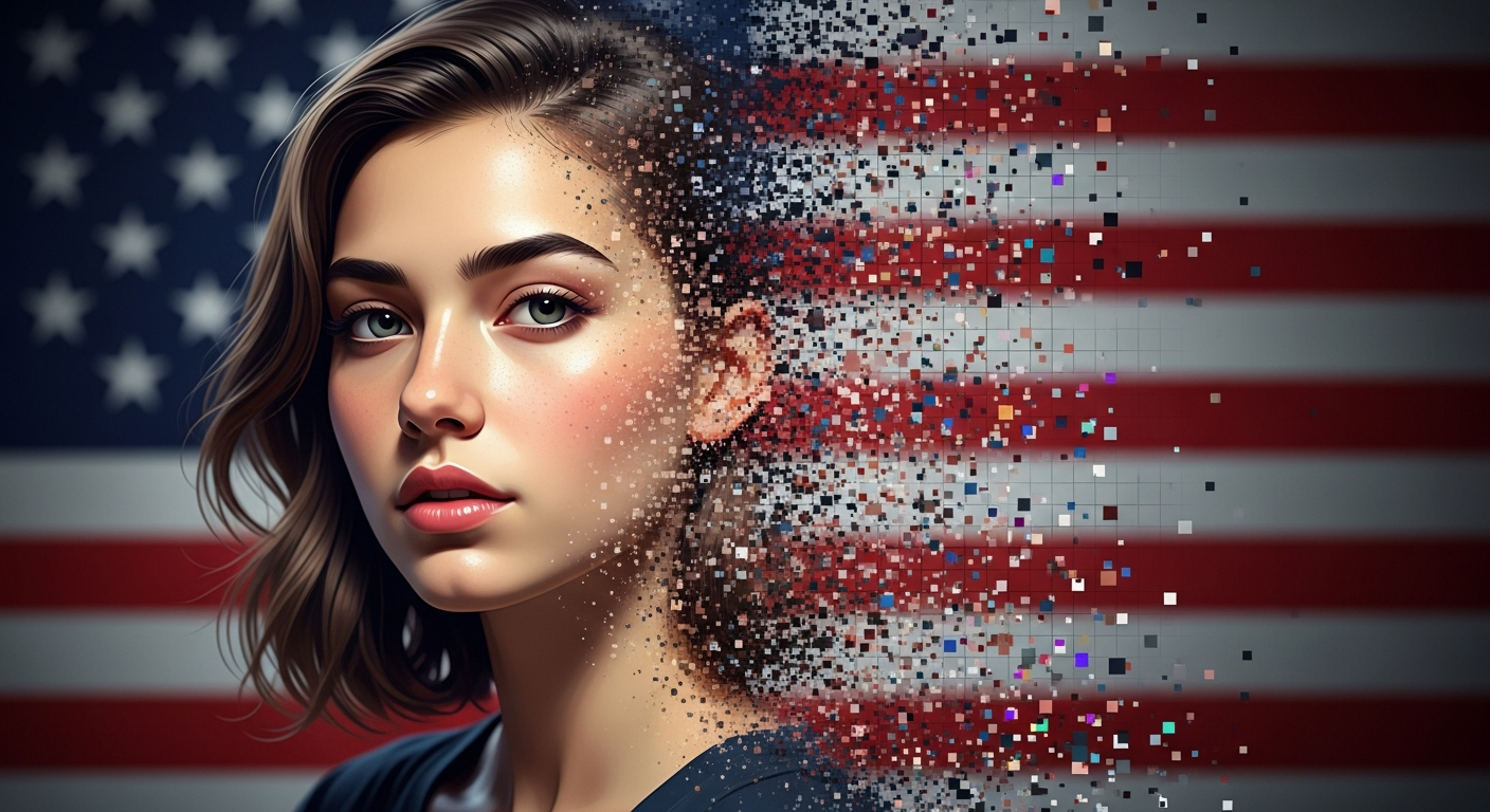 An AI-generated portrait dissolving into a pixelated digital glitch grid