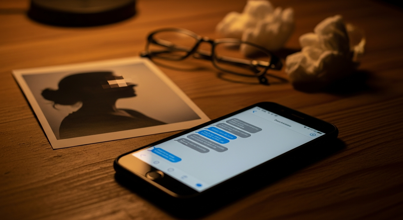 A smartphone with a generic text-message interface beside a blurred AI-generated portrait on a kitchen table