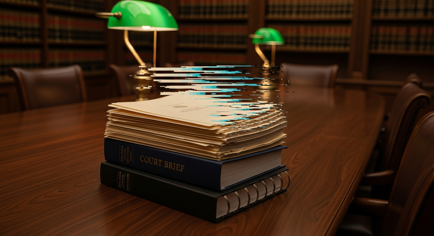 A stack of legal briefs on a dark walnut conference table dissolving into pixelated digital glitch under a green banker's lamp