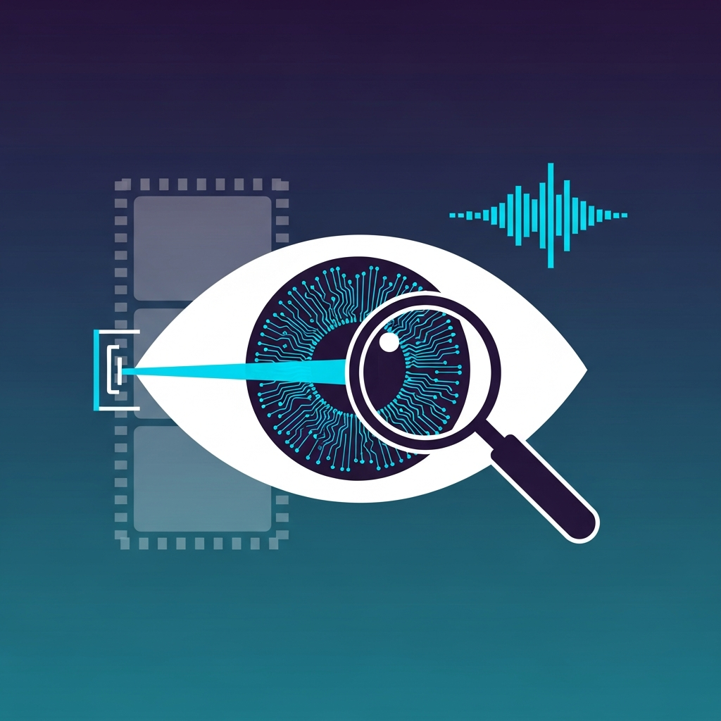 Flat vector illustration of a stylized eye with a circuit board iris and scanning beam surrounded by film frame and audio waveform icons on a deep indigo to teal gradient background representing AI deepfake detection