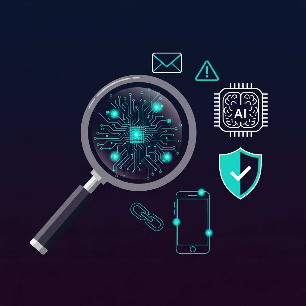 Flat vector illustration of a magnifying glass with circuit board pattern and AI detection icons including shield, envelope, and smartphone on a dark navy gradient background