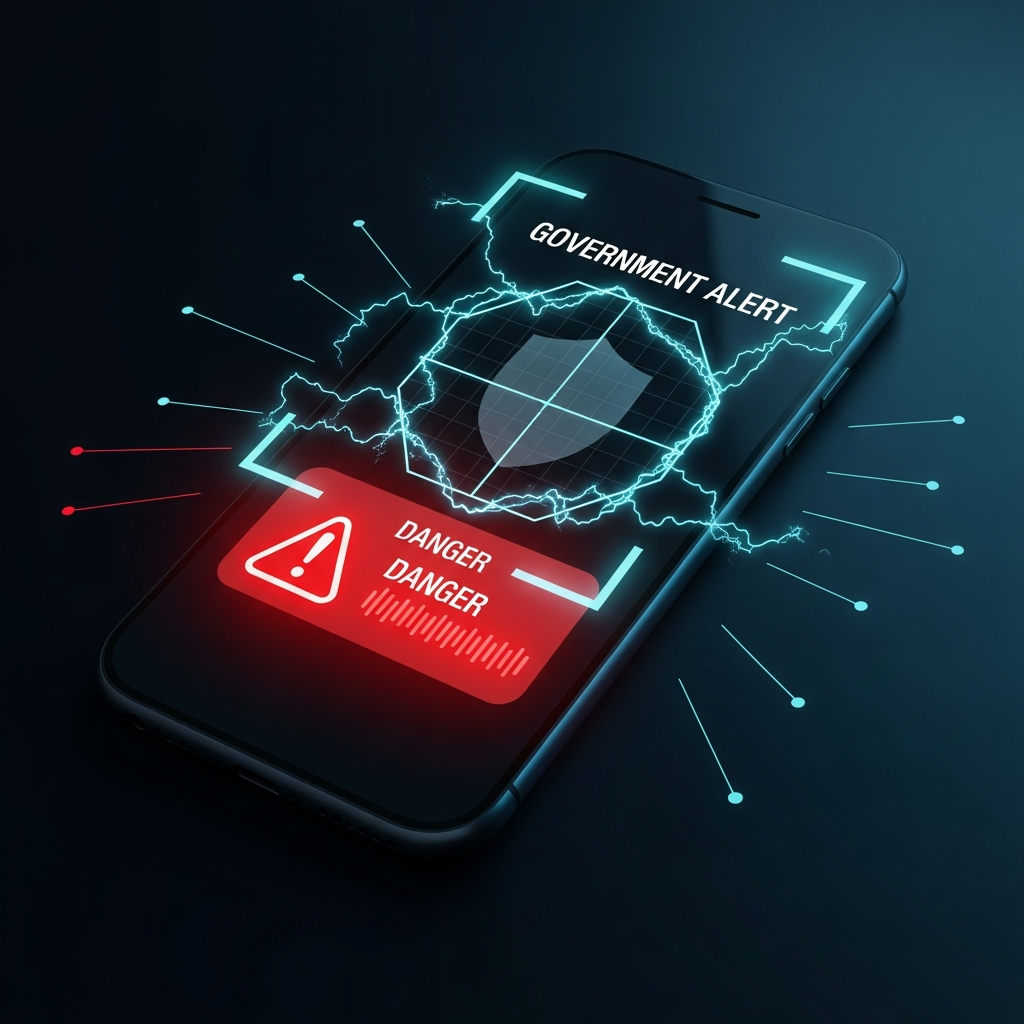 Dark forensic illustration of a smartphone with a government shield emblem and red danger indicator with cyan scanning grid on a near-black navy background representing DMV scam text detection