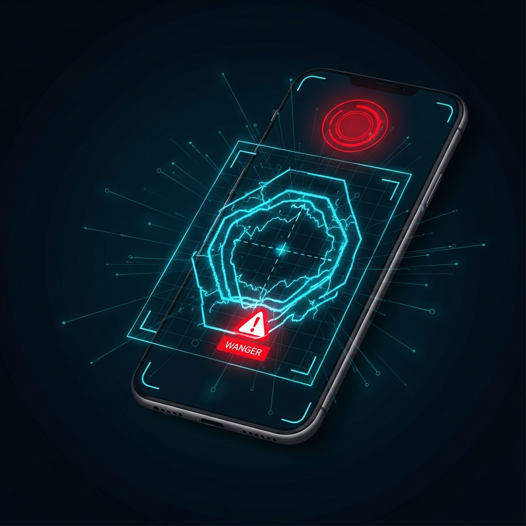 Dark forensic illustration of a smartphone with a red warning alert badge and electric cyan scanning reticle overlay on a near-black navy background representing IRS scam text detection