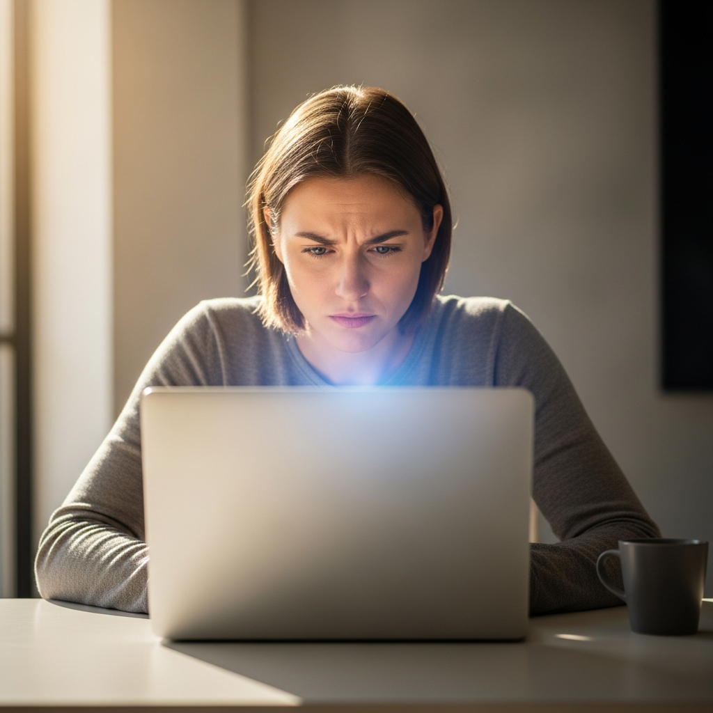 Person sitting at a clean modern desk looking carefully at a laptop screen with a focused cautious expression in warm neutral indoor lighting