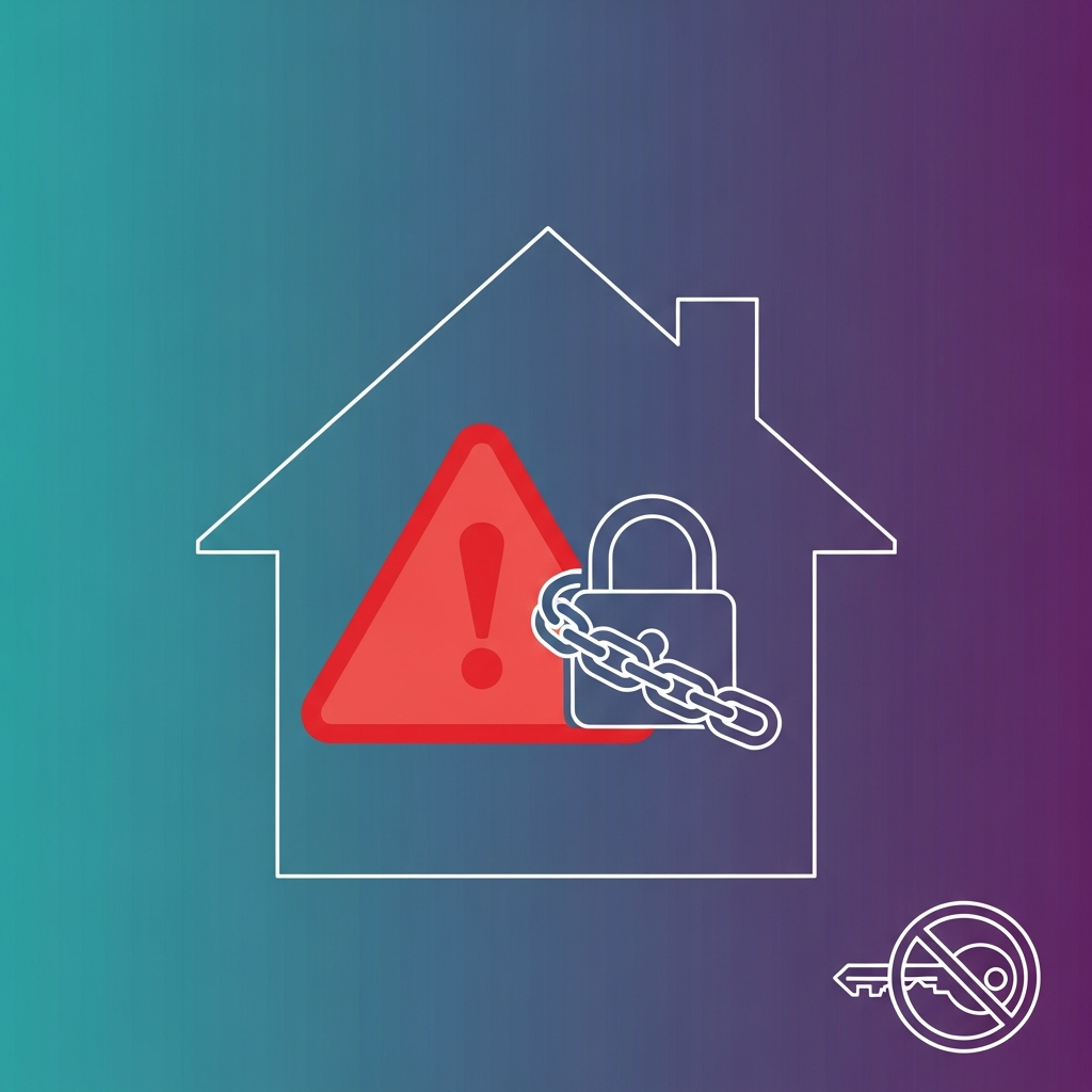 Flat vector illustration of a house silhouette with a warning triangle and padlock icon on a teal-to-purple gradient background representing rental deposit scam risks
