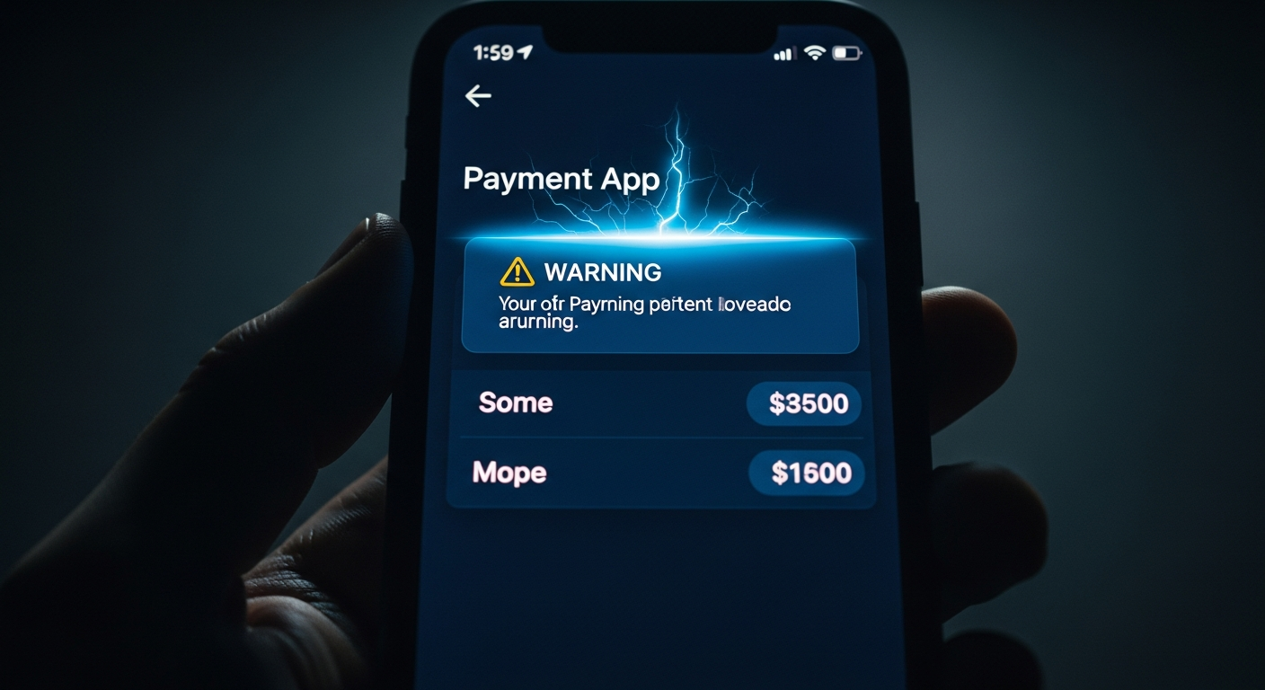 Smartphone screen showing a fake Zelle payment confirmation with warning indicators on suspicious transaction details