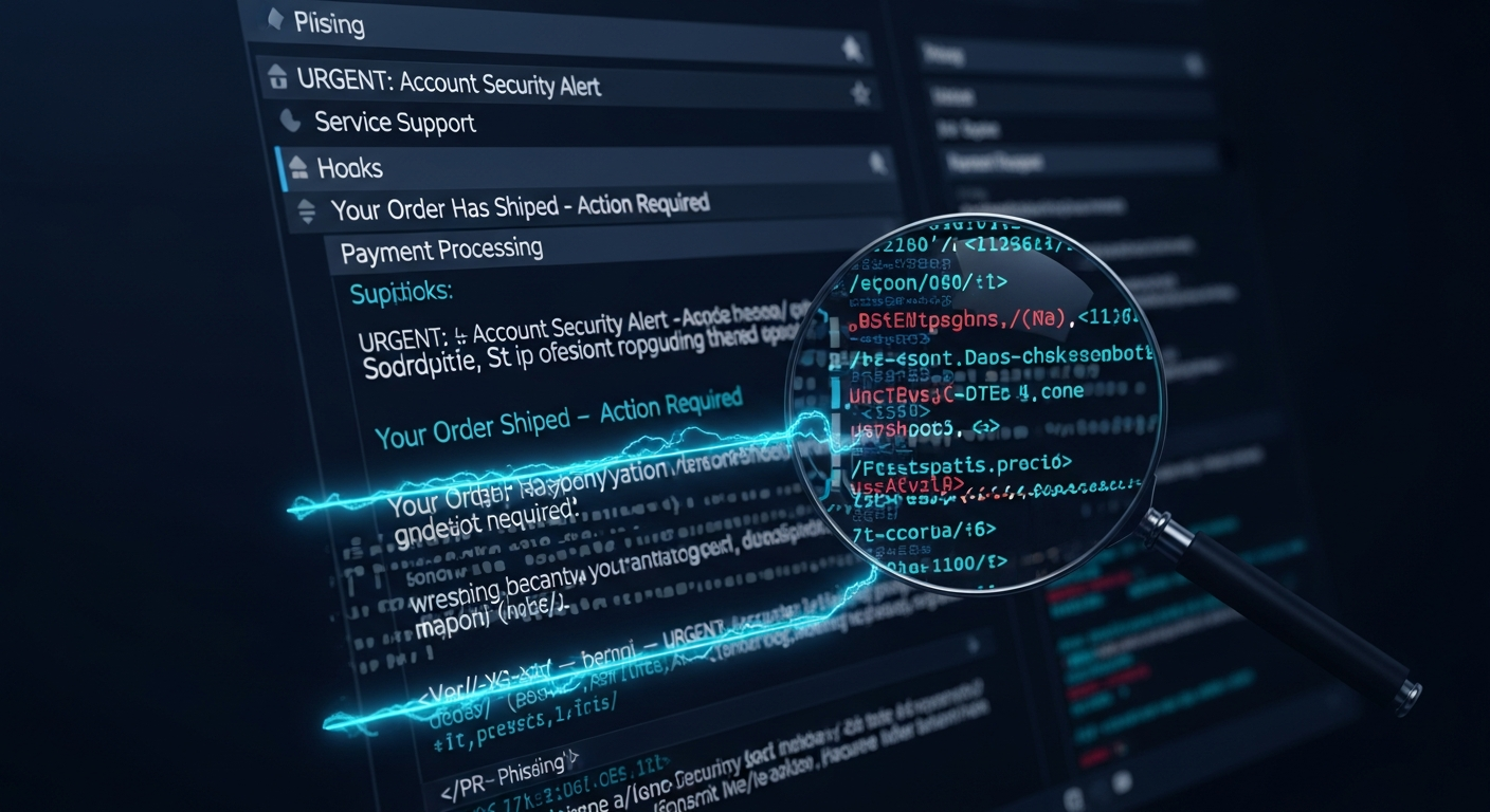 An email inbox interface with a phishing message and visualized hidden HTML text overlay, illustrating AI email filter bypass via indirect prompt injection