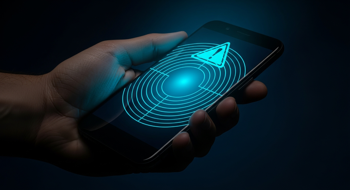 A smartphone displaying a glowing alert notification with a cyan forensic scanning reticle overlay, illustrating an AI-written DMV scam text
